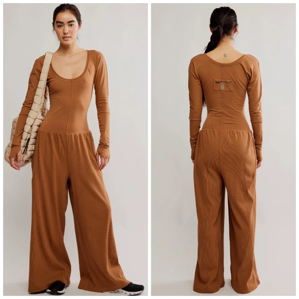 Free People Hot Shot Wide Leg Onesie Camel XL - Picture 3 of 5